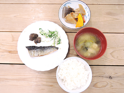 にしん、水菜のサラダ、お麩の煮物、揚げ出しと野菜のお味噌汁