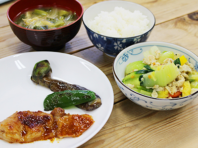 豚の生姜焼き、焼き茄子、卵とトマトのサラダ