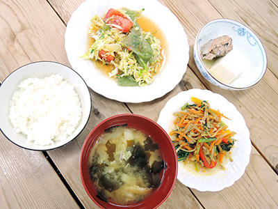 こんにゃくサラダ、中華風おひたし、豆腐のサバの水煮合え、野菜たっぷりお味噌汁