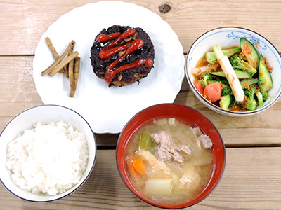 ハンバーグ、ごぼう、小エビのサラダ、野菜たっぷり豚汁