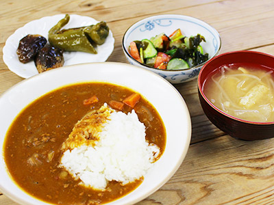 カレー、なすの酢醤油漬け、ピーマンの炒め物、わかめの酢の物、お味噌汁