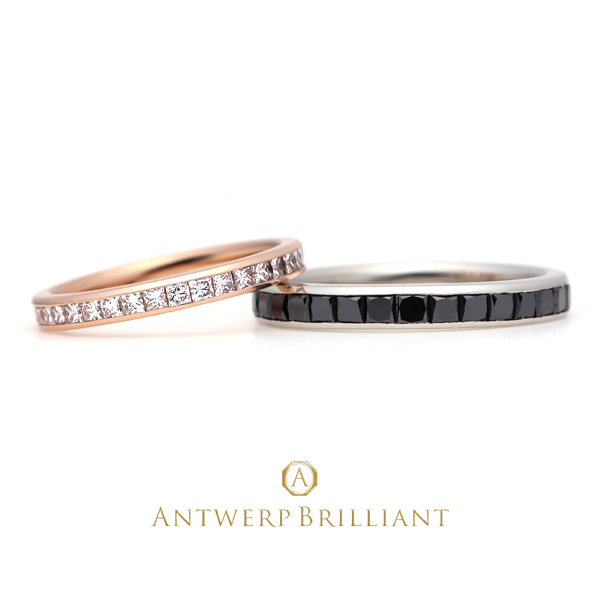 プリンセスカットのレールセッティングは好きな毎ブリリアントの連続が美しい婚約指輪