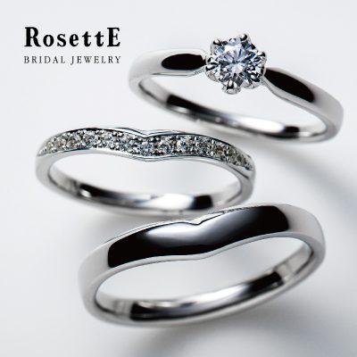 シンプルなエンゲージとダイヤラインの結婚指輪がおしゃれなセットリング　ロゼット　